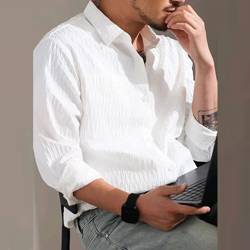 2024 Spring Fall Streetwear Casual Shirts Men Trendy Textured Long Sleeve Shirt For Mens Fashion Turn-down Collar Buttoned Shirt
