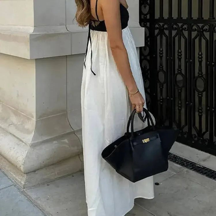 Women Elegants Ling Maxi Dress Fashion Black Patchwork White Backless Sleeveless Vestidos 2024 Summer Lady Beach Vacation Robes