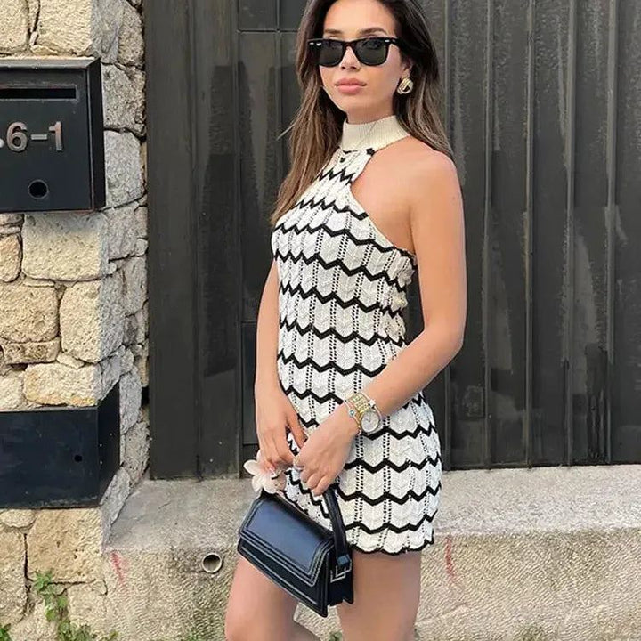 Women Fashion Striped Knitted Sleeveless Mini Dress Elegant Sleeveless High Waist A-line Skirt 2024 Holiday Beach Vestidos