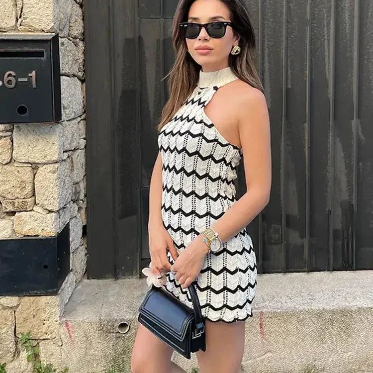 Women Fashion Striped Knitted Sleeveless Mini Dress Elegant Sleeveless High Waist A-line Skirt 2024 Holiday Beach Vestidos