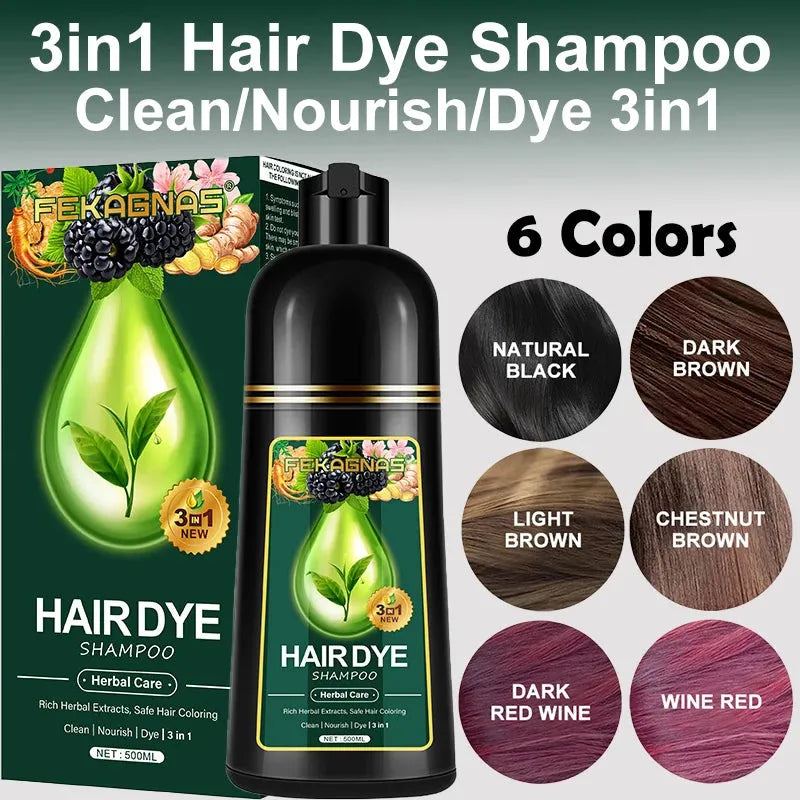 500ml FEKAGNAS 3in1 Hair Dye Shampoo Clean Hourish Dye Herbal Hair Care Safe Hairs Coloring Gery Hair To Darkening Fast Black