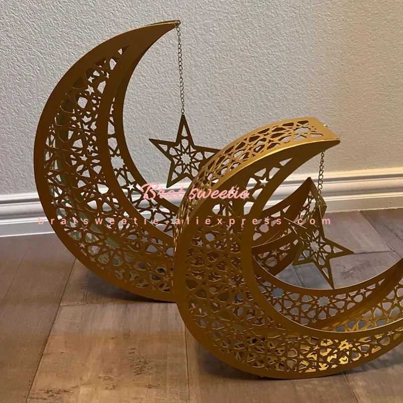 Metal Crescent Moon Candy Dessert Tray Islamic Festival Eid Mubarak Iron Moon Star Plate 2024 Ramadan Kareem Home Decorations