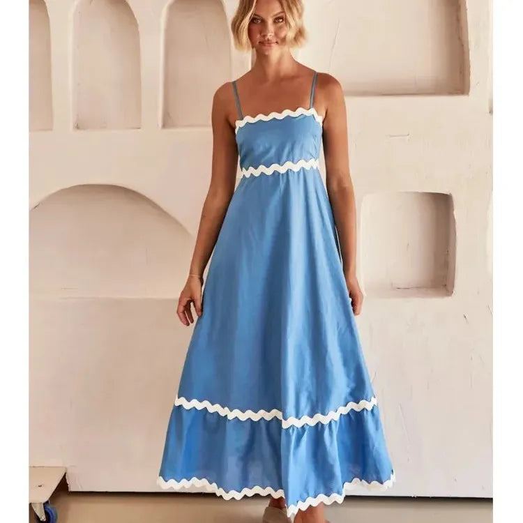 Sexy Striped Spaghetti Strap Long Dresses For Women Backless Casual Vacation Maxi A-line Beach Dress Female Sleeveless Vestidos