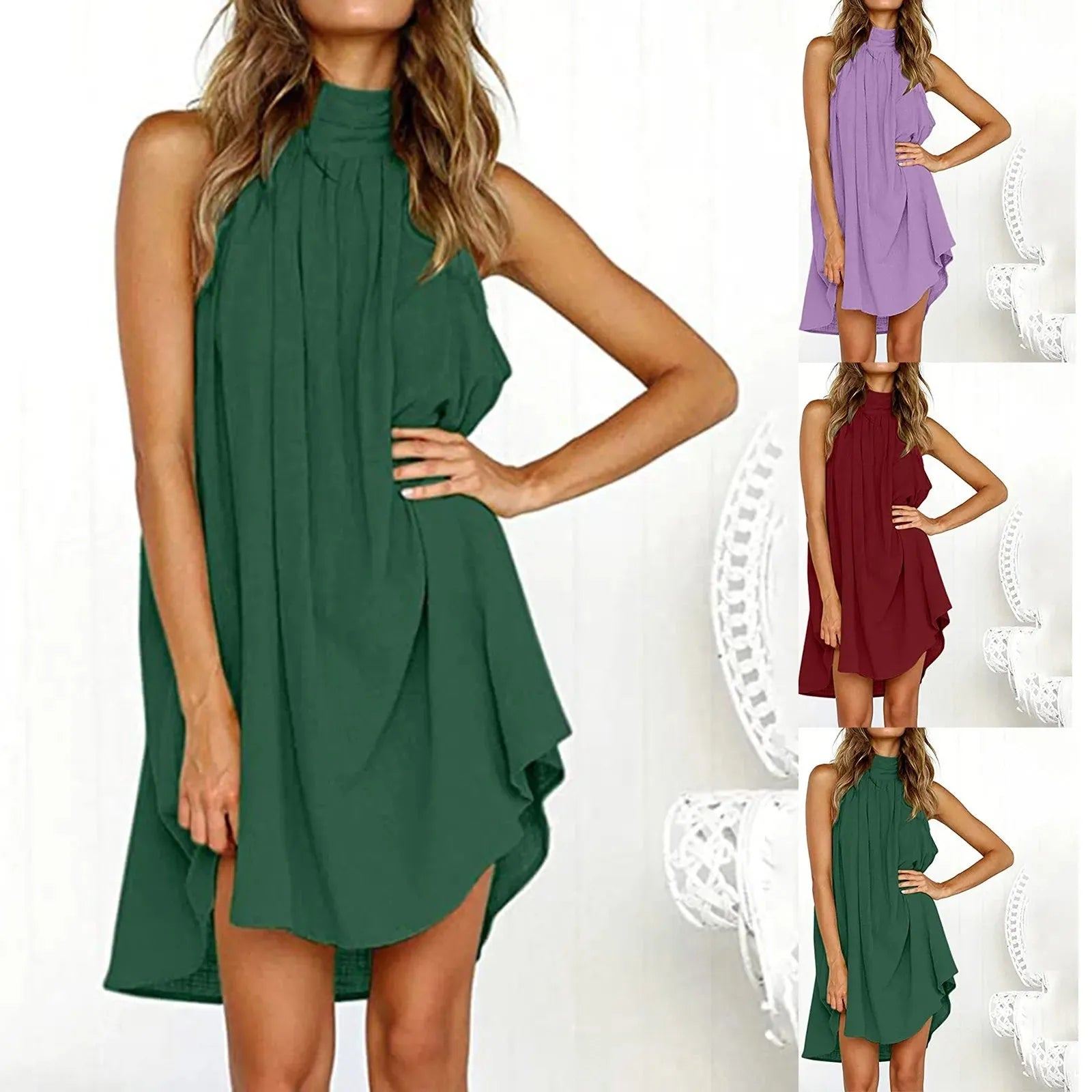 Women Dresses Solid Color Halterneck Sleeveless Loose A-Line Mini Dresses Bohemian Summer Beach Vacation Dresses For Women