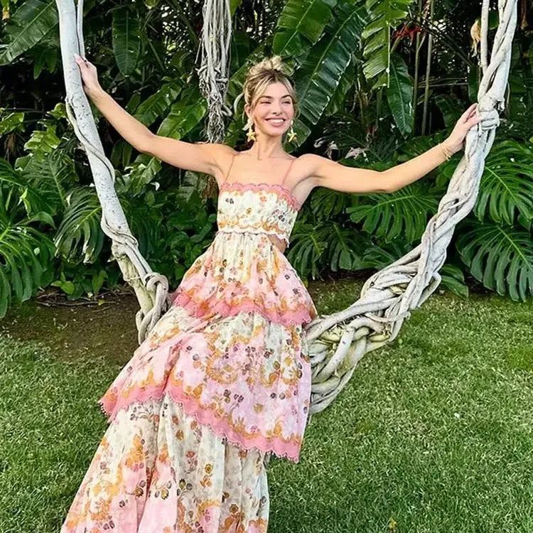 Women Sweet Print Cut Out Halter Maxi Dress Fashion Off Shoulder Sleeveless Holiday Robe Lady Elegant Beach Party Vestidos
