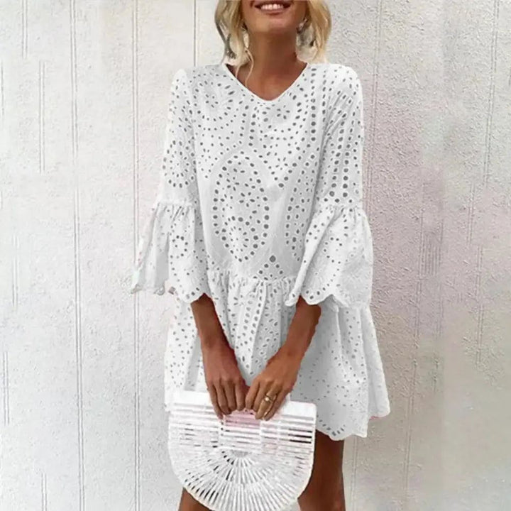 Shirt Dress Elegant Retro V-neck 3/4 Flared Sleeve Mini Dress Hollow Out Ruffle Hem Loose Fit Casual Short Dress Streetwear