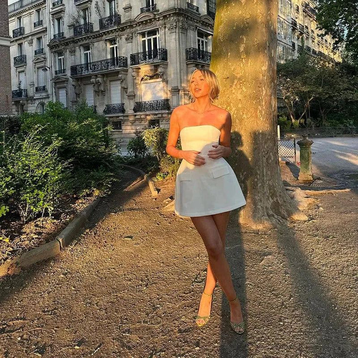 Strapless Sleeveless Mini Dress Women New Fashion Pockets Streetwear Sexy Black A-LINE Dresses Clubwear Elegant Party Slim Dress