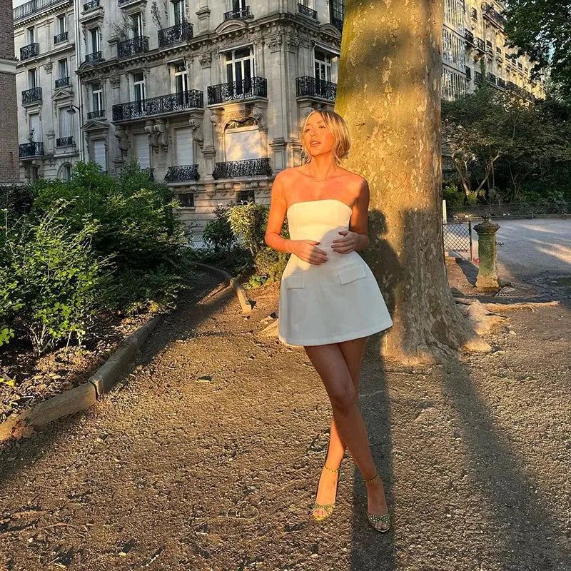 Strapless Sleeveless Mini Dress Women New Fashion Pockets Streetwear Sexy Black A-LINE Dresses Clubwear Elegant Party Slim Dress