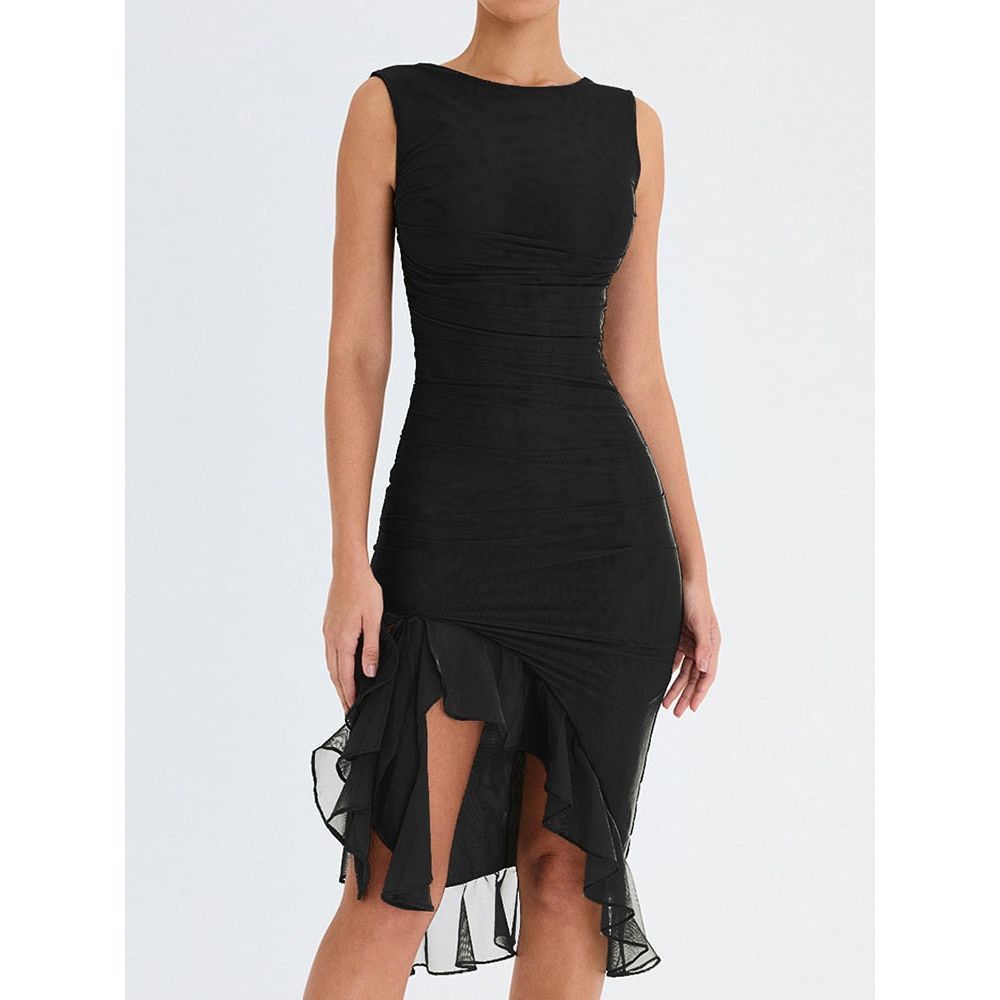 Mozision Elegant Ruffle Ruched Midi Dress For Women Robe Summer New Backless Sleeveless Vintage dresses - Jointcorp