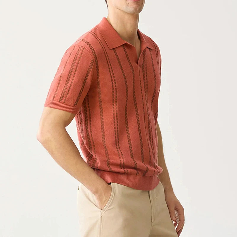 Casual Ice Silk Knitted Mens Polo Shirts Slim Fit Short Sleeve Turn-down Collar Knit Tops Summer Fashion Striped Knitting Tees