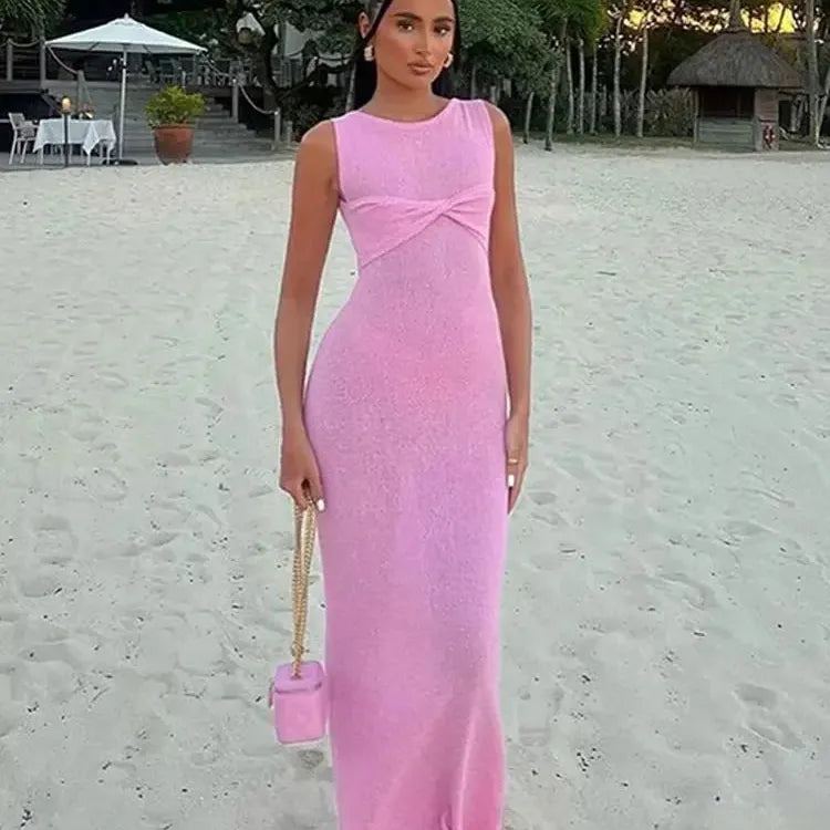 Elegant Pinck Knotted O Neck Knitted Long Dresses For Women Sexy Sleeveless Bodycon Robe 2024 Female Party Beach Party Vestidos