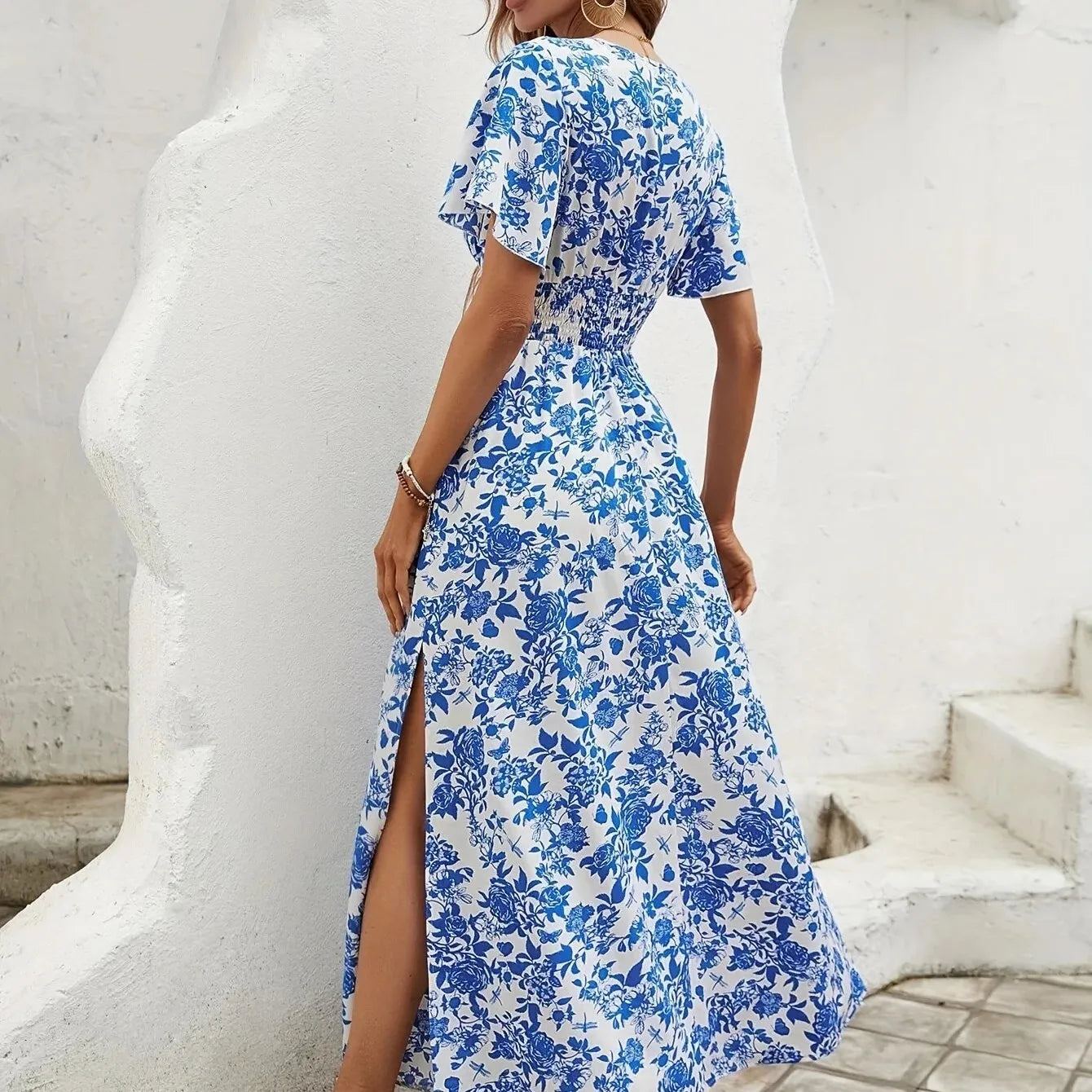 In stock 2024 women's bohemian printed sexy V-neck short sleeved dress