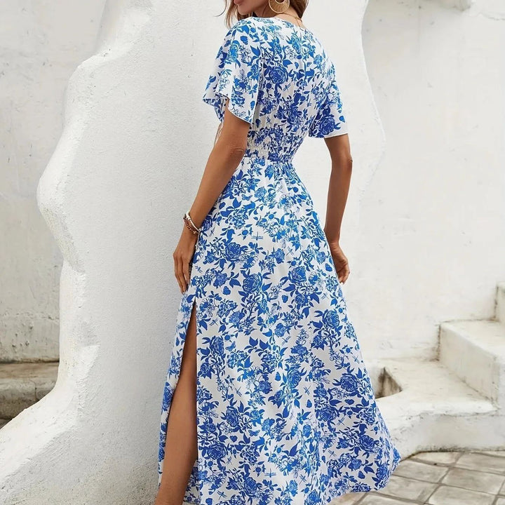 In stock 2024 women's bohemian printed sexy V-neck short sleeved dress