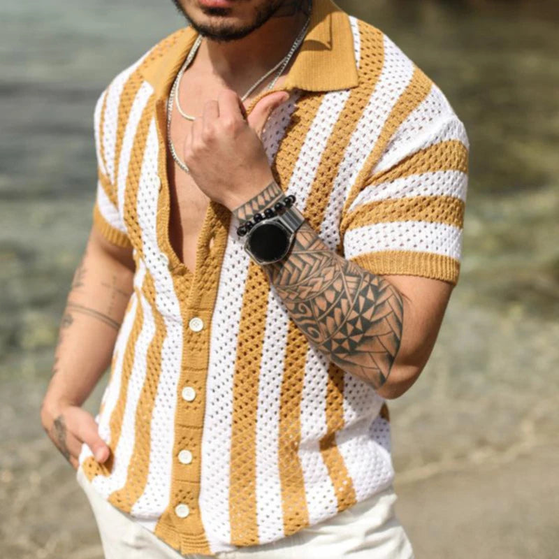 Casual Loose Short Sleeve Hollow Out Shirts Knitted Mens Striped Patchwork Beach Shirt Cardigan Men Summer Fashion Lapel Shirts