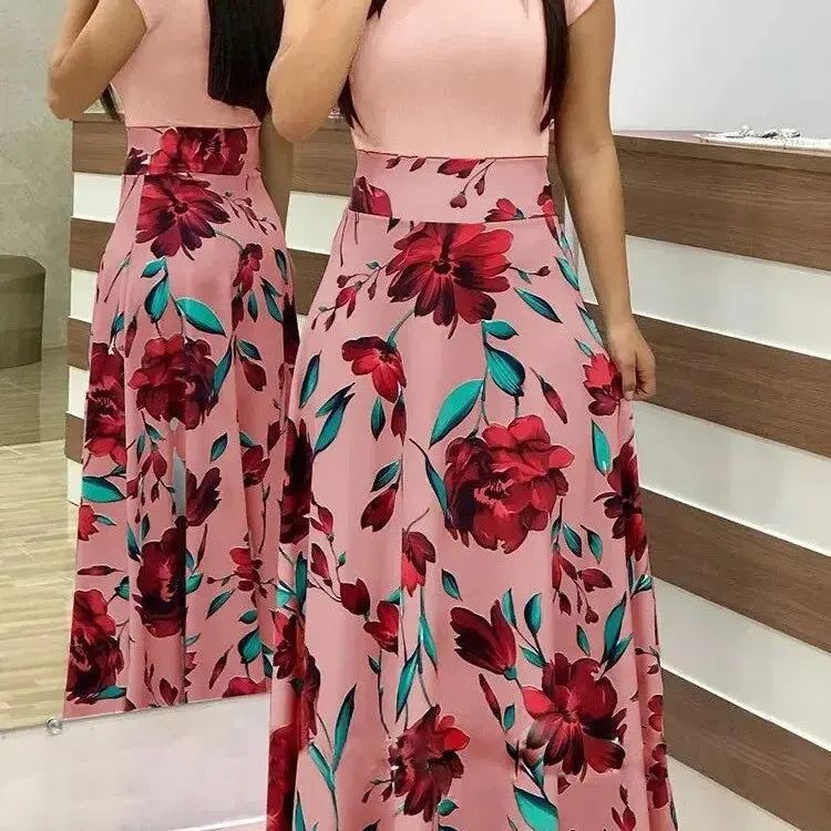 Autumn Explosion Style Floral Print Color Block Long Dress Women Clothing Elegant Commute Cotton Fabric Sizes S-3xl