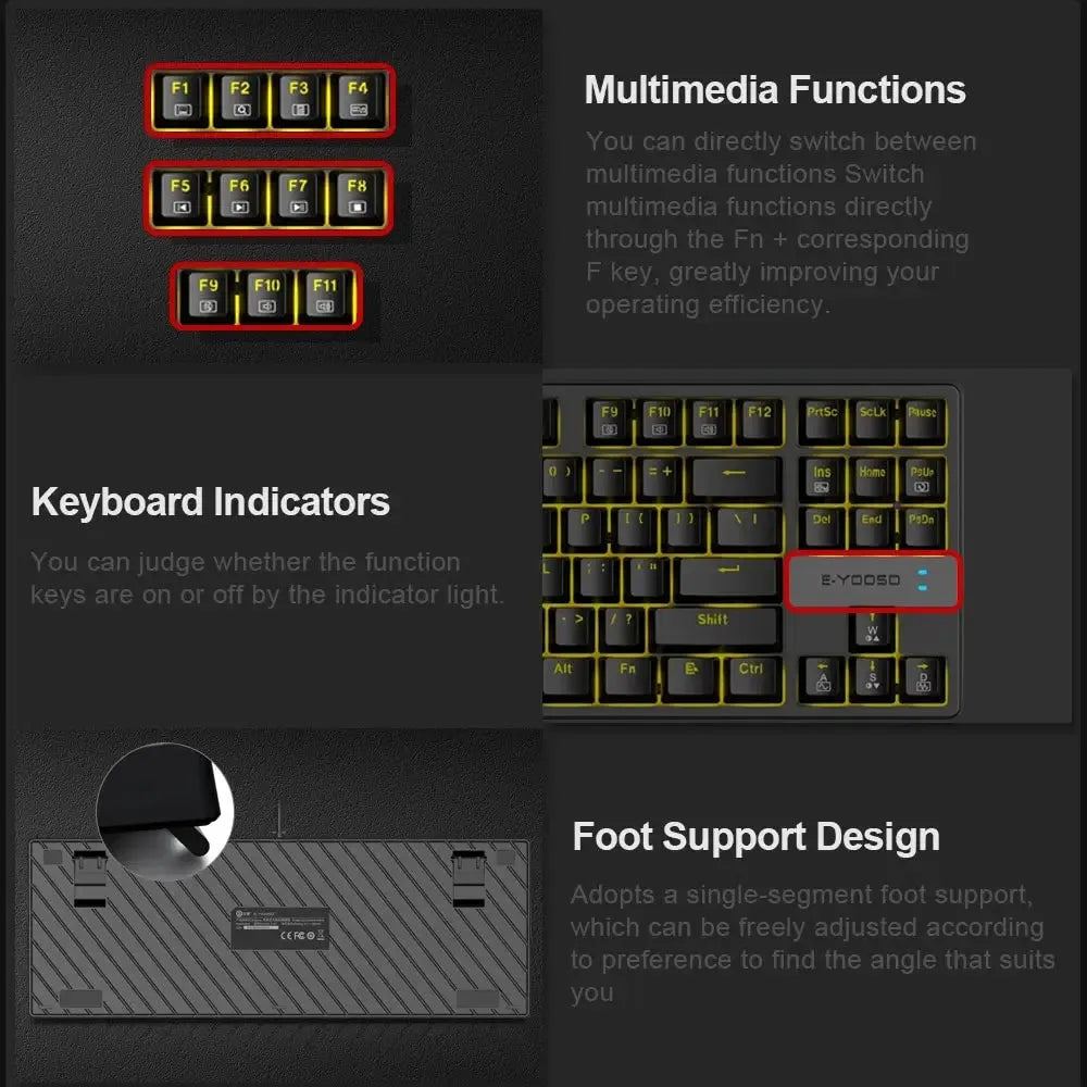 E-YOOSO Z87 USB Mechanical Gaming Wired Keyboard Red Blue Switch Monochrome LED Backlit 87 Key Gamer for Computer Laptop