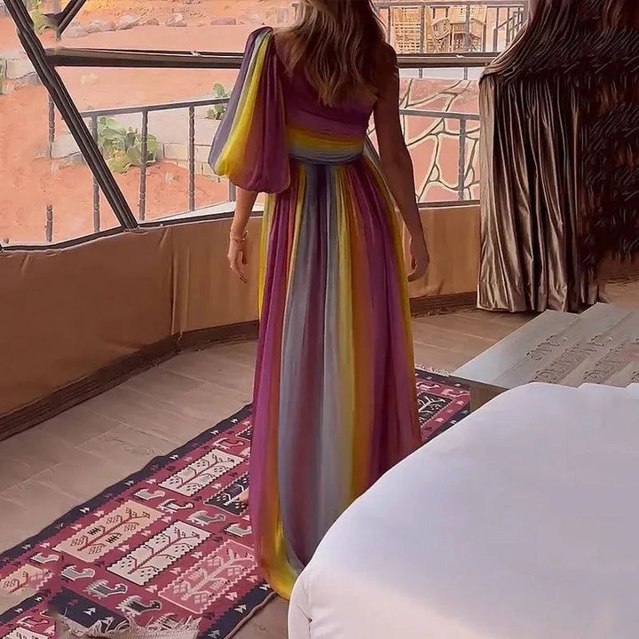 Women Maxi Dress Fashion Colorful Striped One Shoulder