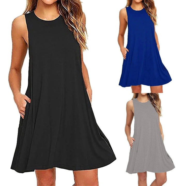Fashion Women  Casual Solid Pockets Sleeveless Above Knee Dress