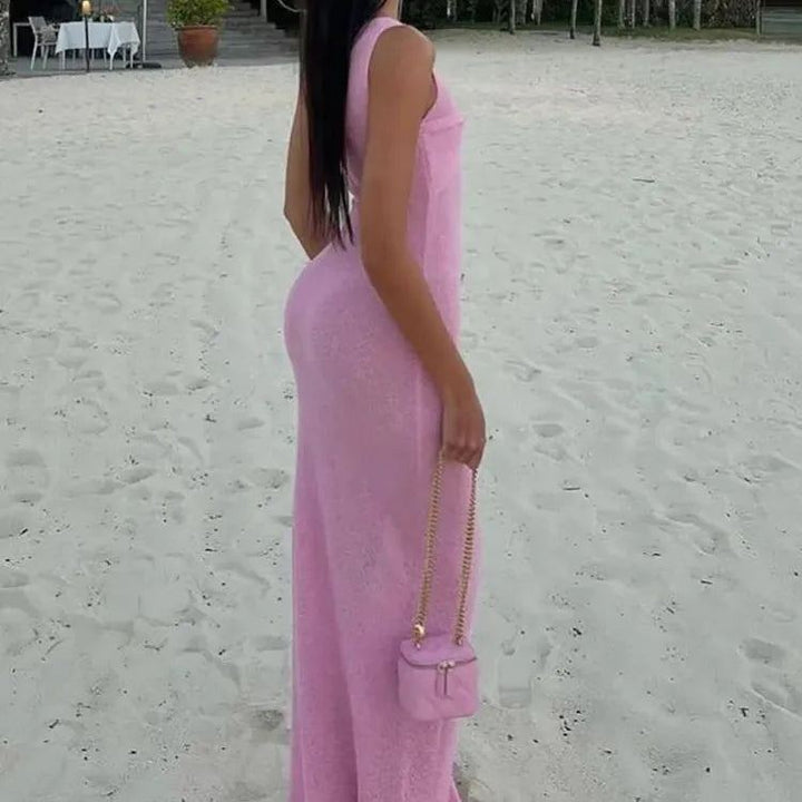 JULISSA MO Knitted Round Neck Ruched Women Maxi Dress Sleeveless See Through Dress Female Summer Skinny Elegant Party Beachwear