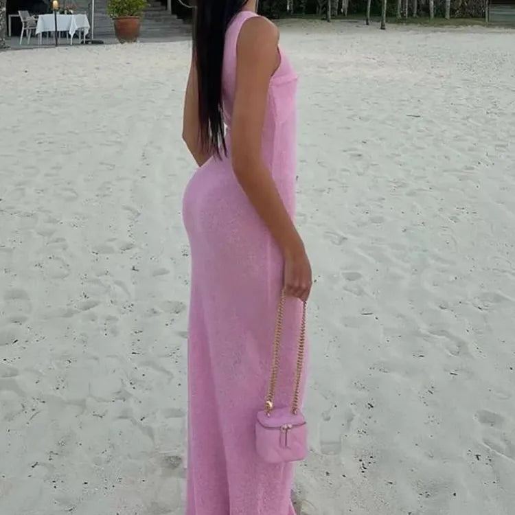 JULISSA MO Knitted Round Neck Ruched Women Maxi Dress Sleeveless See Through Dress Female Summer Skinny Elegant Party Beachwear