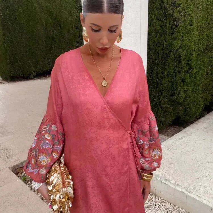2024 Women Plus Size Holiday Long Dress Elegant V Neck  Lantern Embroidery Sleeves Lace Up Vestidos Summer Lady Beach party Robe