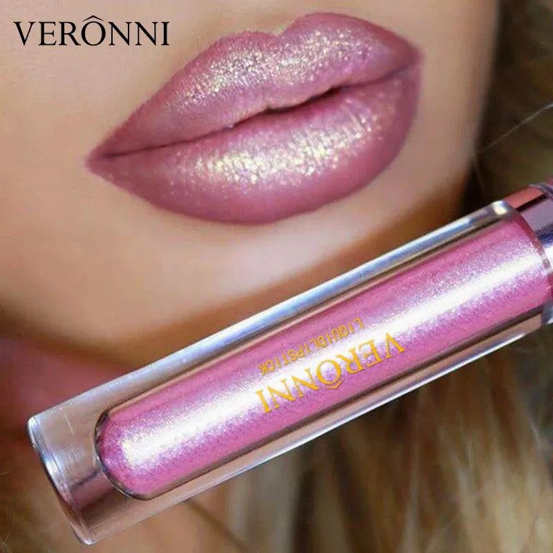 10Colors VERONNI Sexy Glitter Diamond Lip Gloss Shimmer Long Lasting Lip Makeup Waterproof Metallic Pearl Color Velvet Lip Gloss