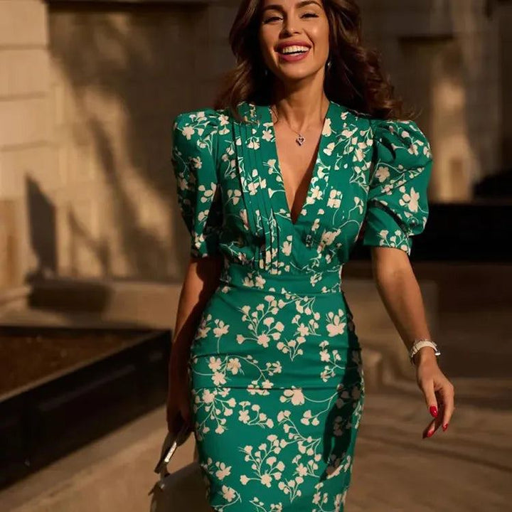 New Elegant Luxury Green Evening Dress Vestidos 2024 Women Formal Puff Sleeve Print Floral Party Robe Lady Chic Street Dresses