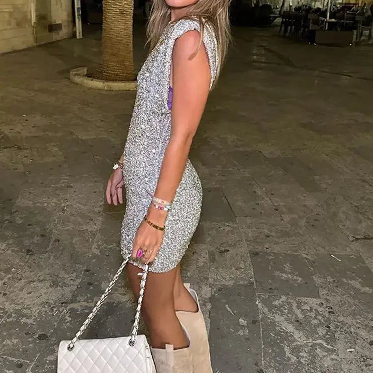 Women Elegant Sequins Silvery Luxurious Mini Dress Sexy O Neck Sleeveless Evening Short Robe 2024 Chic Lady Night Club Vestidos