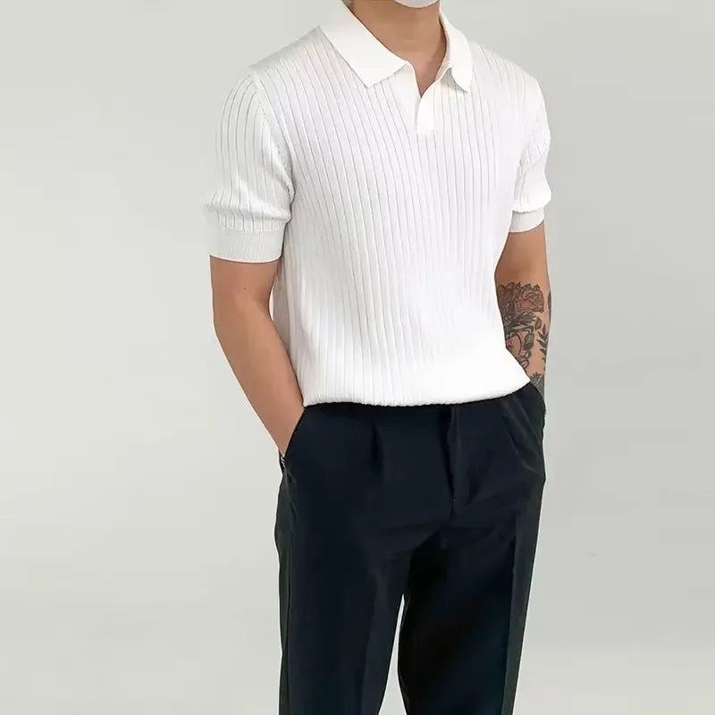Fashion Knit Solid Color Men's Polo Shirt Slim Short Sleeve Turn-down Collar Ribbed Polo Tee 2025 Summer Men Clothes Casual Tops