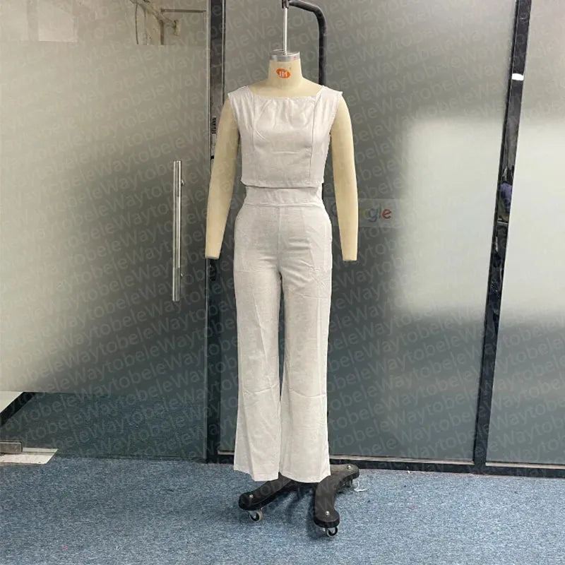 Women Two Piece Set Casual Sleeveless Solid Round Neck Vest Top Straight Loose Pants Sets High Streetwear