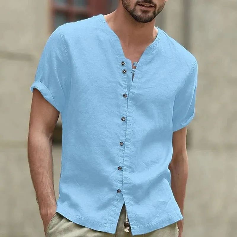 Men's Short Sleeve Tshirt V neck 7 Buttons Button Cotton Linen Shirt Men's Casual Clothes Popular Tops for Men