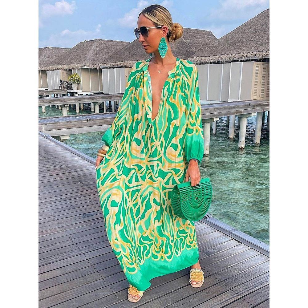Dresses for Women Vintage Maxi Deep V-Neck Long Sleeve Boho Print