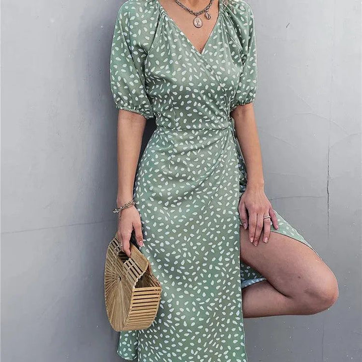 Casual Women Chiffon Dress V Neck Side Wrap Midi Dress Summer Polka Dot Dress Female Puff Sleeve Boho Fashion A-line Split Dress