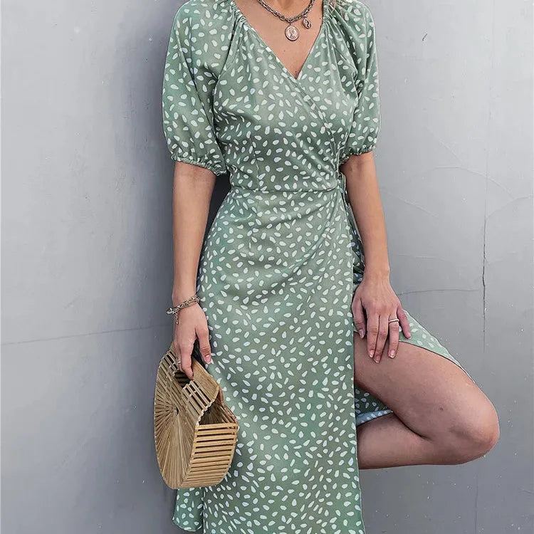 Casual Women Chiffon Dress V Neck Side Wrap Midi Dress Summer Polka Dot Dress Female Puff Sleeve Boho Fashion A-line Split Dress