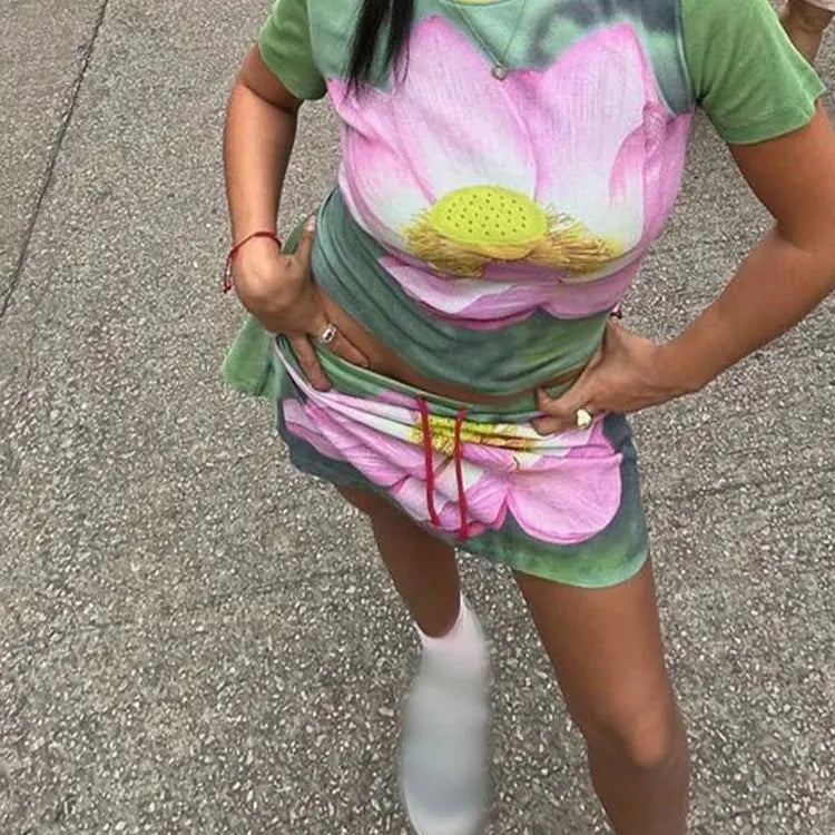 Women Fashion Print 2 Piece Skirt Sets Chic O Neck Half Sleeve T-shirt Sports New In Matching Sets Lady Summer Y2k Street Outfit