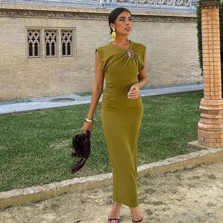 Women Elegant Green Sleeveless Party Long Dress Chic Round Neck With Metal Ring Side Pleated Bodycon Robe 2024 Lady Vestidos