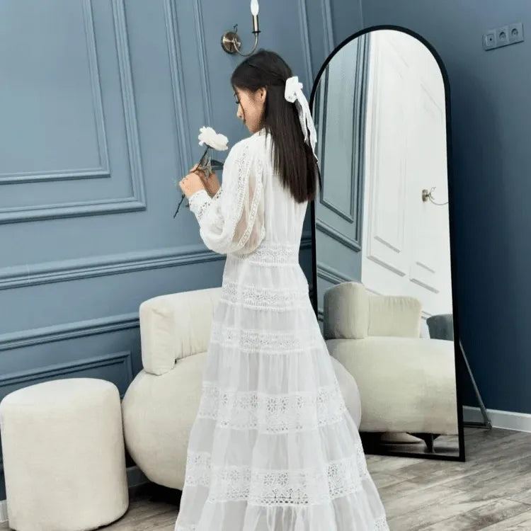 Elegant Print Hollow Out Lantern Sleeved Maxi Dress Women Lace Spliced Stand Collar Loose Dresses New Spring Female Street Robe