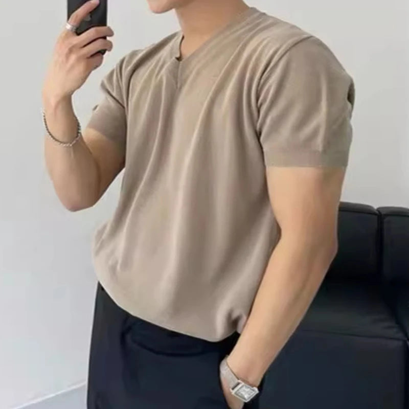 Streetwear Men Clothing Fashion V Neck T Shirts Knitted Short-sleeved Mens T-shirt Knitwear Summer Casual Solid Color Knit Tops