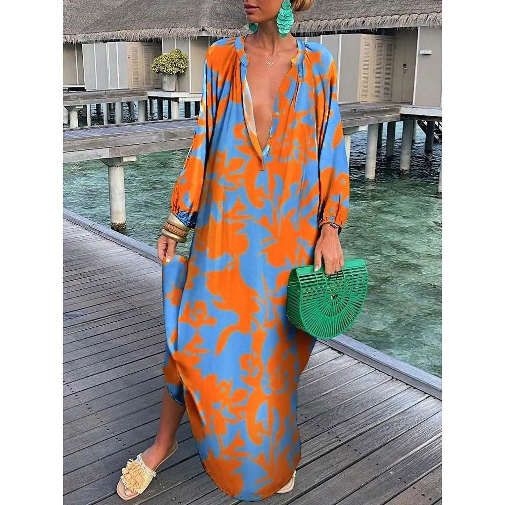 Dresses for Women Vintage Maxi Deep V-Neck Long Sleeve Boho Print - Jointcorp