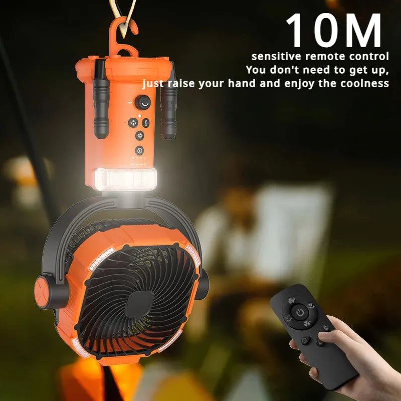2024 New Outdoor Fan Light Large Capacity Powerful Lighting Infinitely Variable Speed Portable Camping Fan with Remote Control