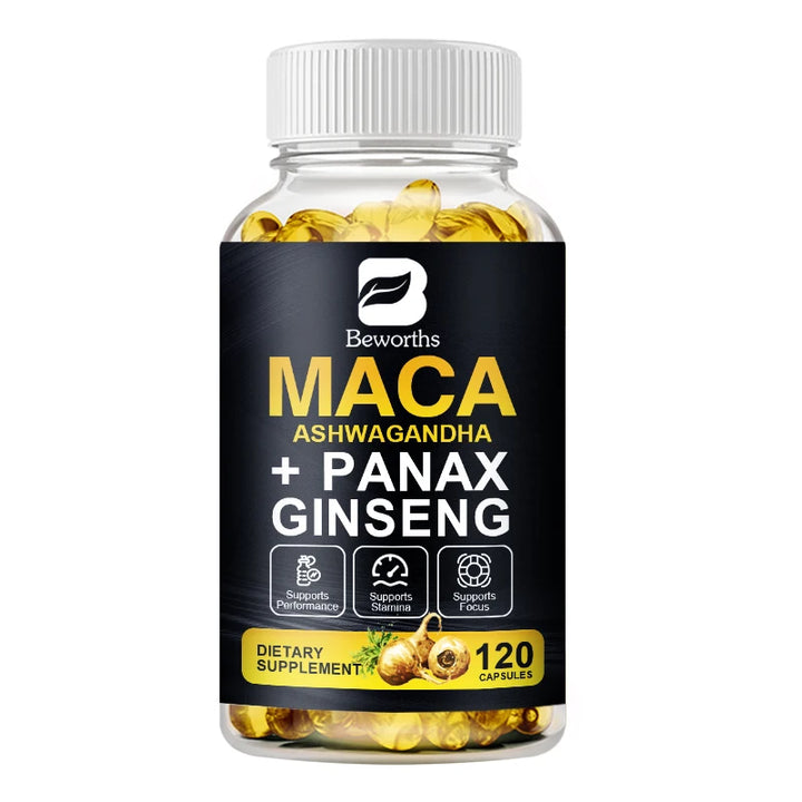 BEWORTHS Natural Maca Root Capsules with Ashwagandha Extract Vegetarian for Men Health Soft Gels Gluten Free Energy Supplement