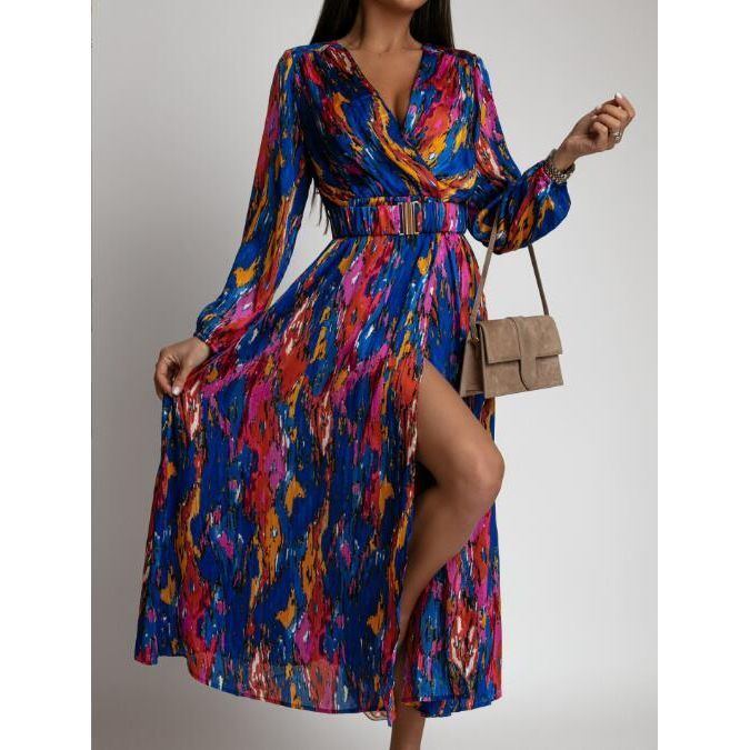 Dress Women Boho Floral Print Long Sexy Deep V-Neck Long Sleeve High Split Swing Dress with Belt Vintage dresses - Jointcorp