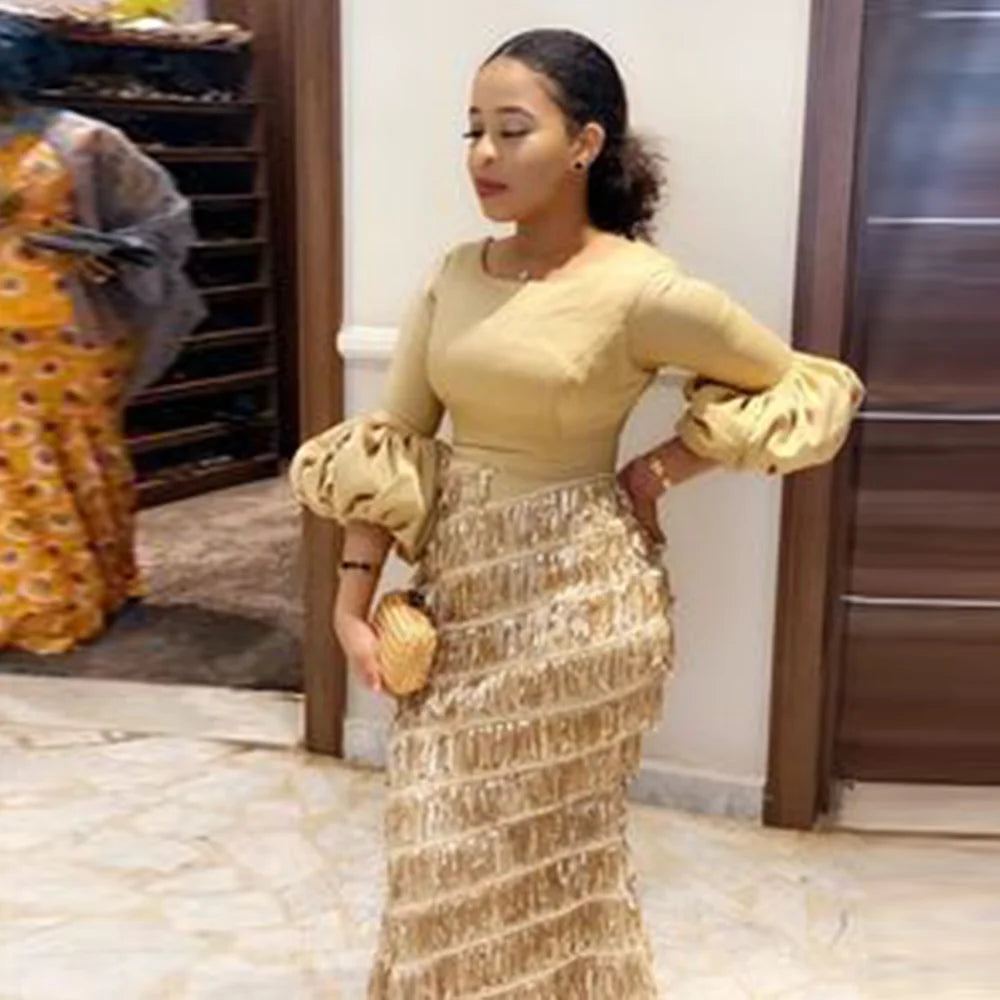 Women's Party Dresses Round Neck Lantern Long Sleeve Tassel Slim Gold Dress 2024 Autumn New Ladies Elegant Evening Clothes