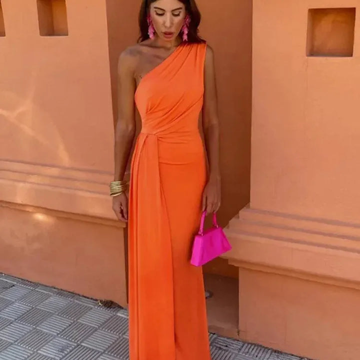 Women Elegant Solid Slim Long Dress Chic Sleeveless Backless  Oblique Shoulder Pleated Robe 2024 Summer Lady Party Vestidos