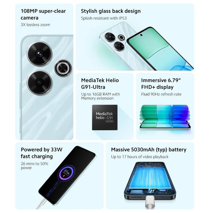 Global Version Xiaomi Redmi 13 Smartphone 108MP Main Camera 5030mAh Battery MTK Helio G91-Ultra 6.79“  Display 33W Fast Charging