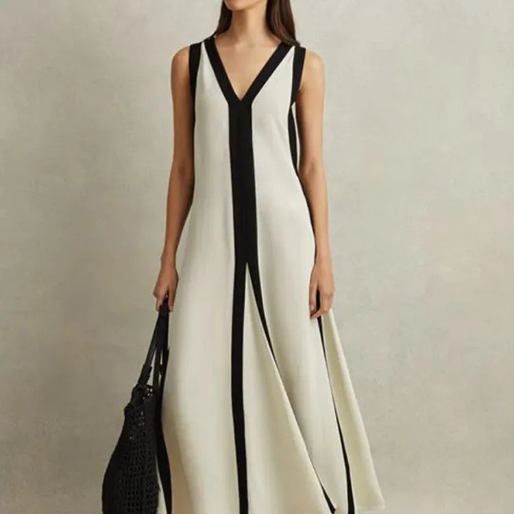 Holiday Elegant Knitted Long Dress Women Sexy Deep V Neck Sleeveless Patchwork Robe 2024 Summer Lady Evening Party Vestidos