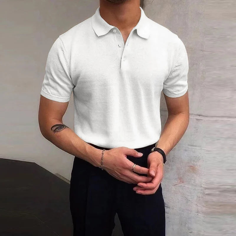 Fashion Slim Short Sleeve Mens Knit Tops Turn-down Collar Buttoned Casual Breathable Knitting Polo Shirt For Men Summer T Shirt