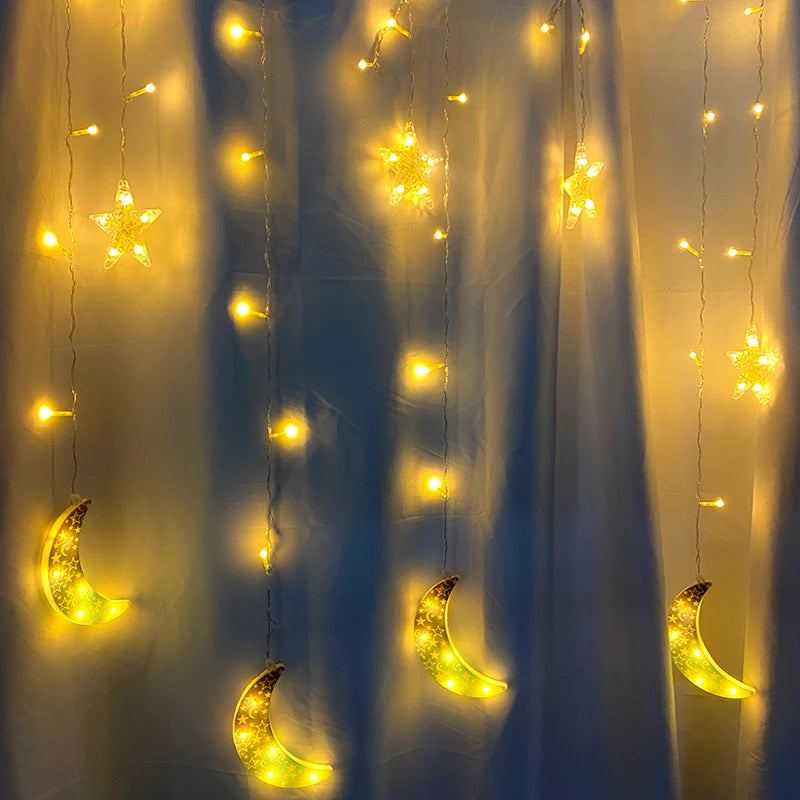 Eid al-Fitr Mubarak Star Moon Light String LED Night Lamp Window Fairy Light for Home Islamic Muslim Ramadan Indoor Decoration