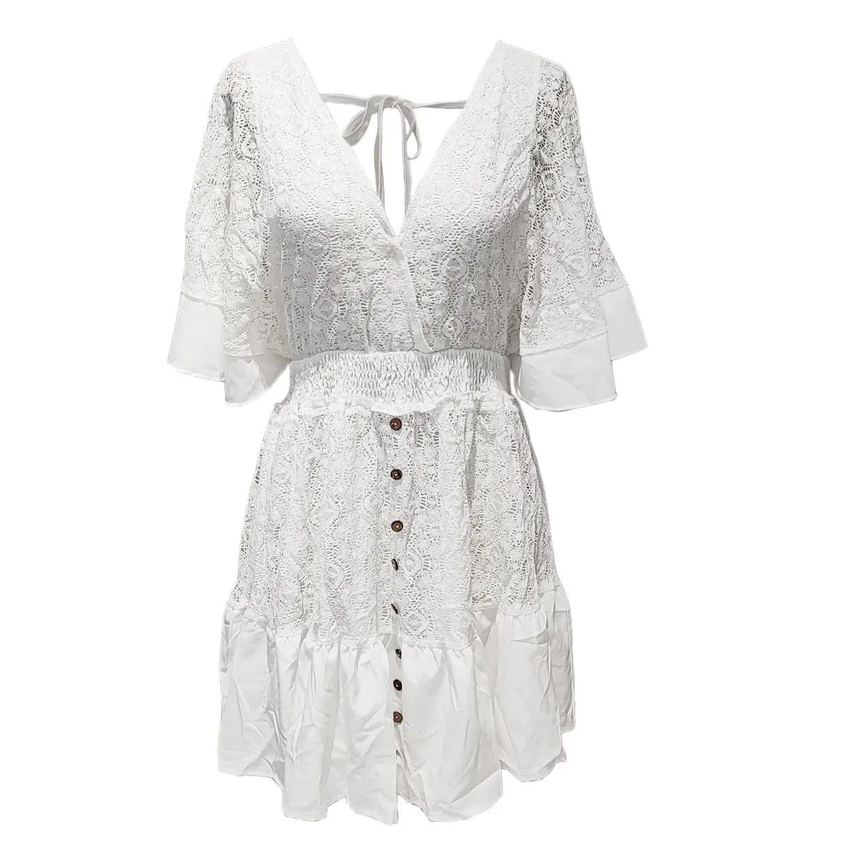 Lace Splicing V Neck Dress, Vacation Flare Sleeve Button Decor Dress For Spring & Summer, Women's Clothing