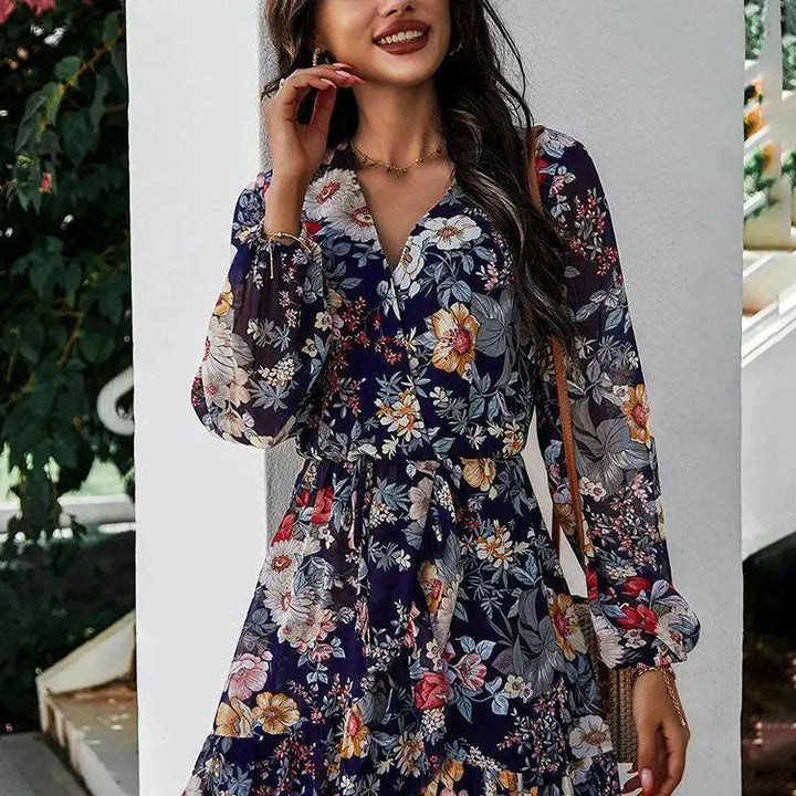 Spring Summer Floral Print Dress Women Full Sleeve Lace Up High Waist Chiffon Dress